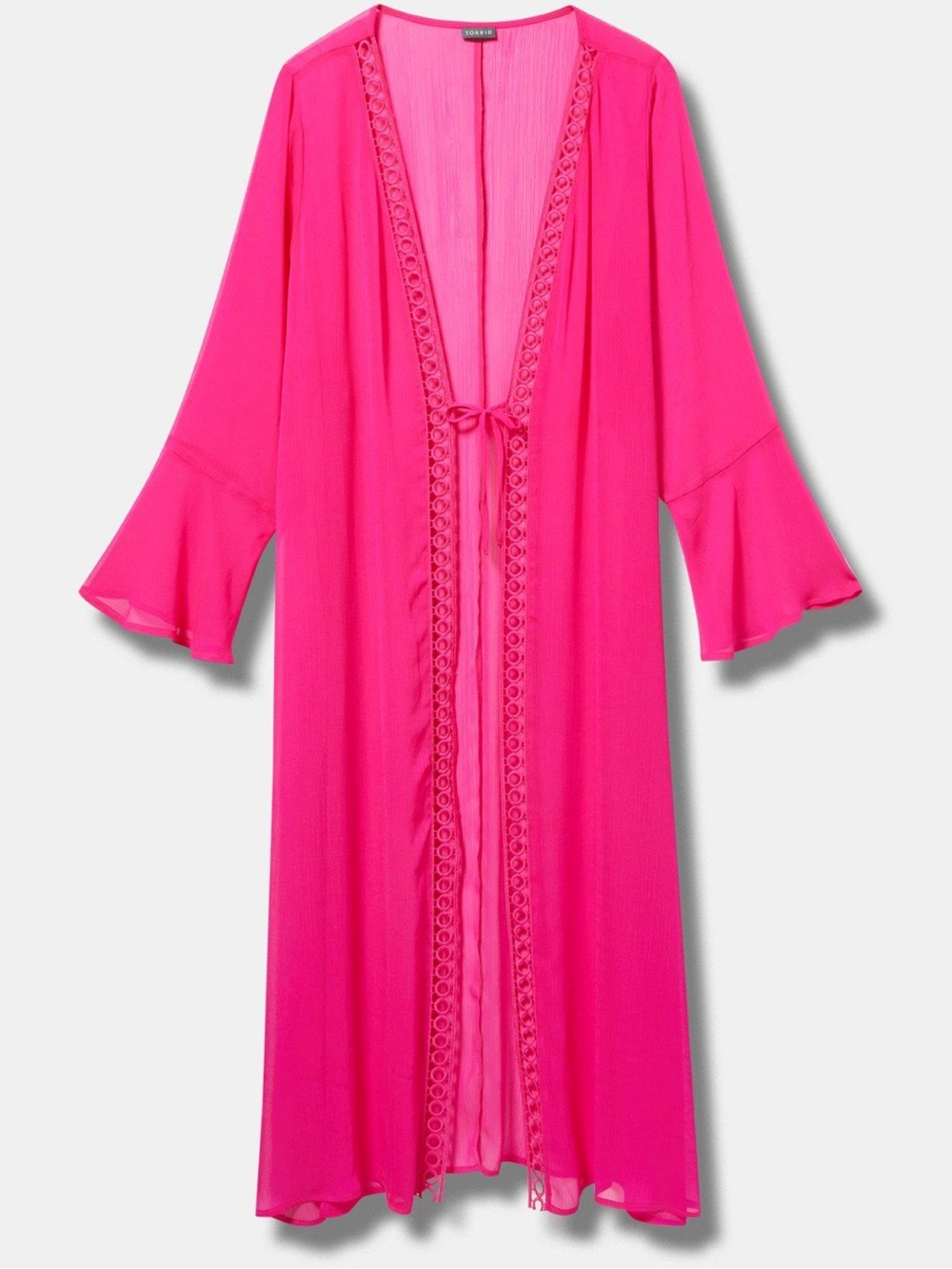 Torrid Hot Pink Sheer Kimono Duster Swim Cover Up Bell Sleeve Sz 1X Boho Resort
